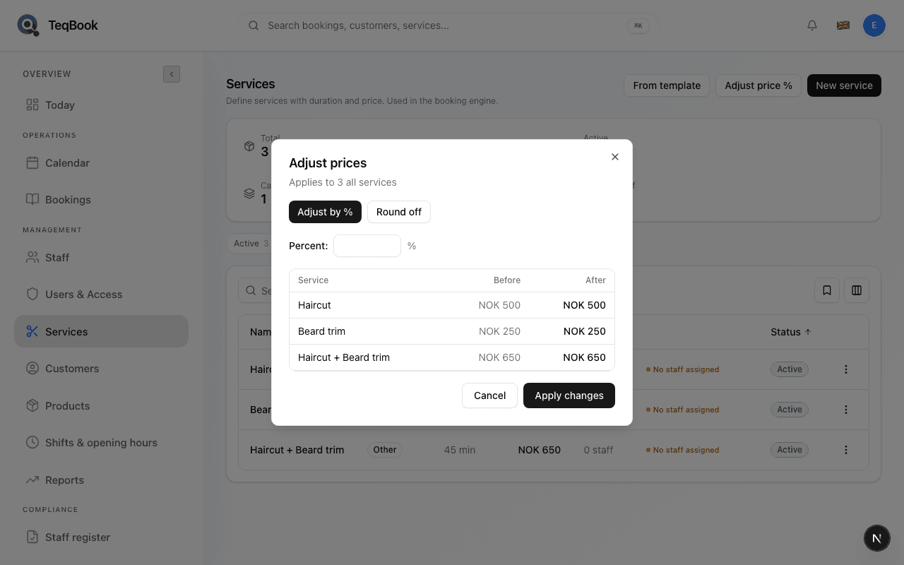 Adjust prices dialog opened