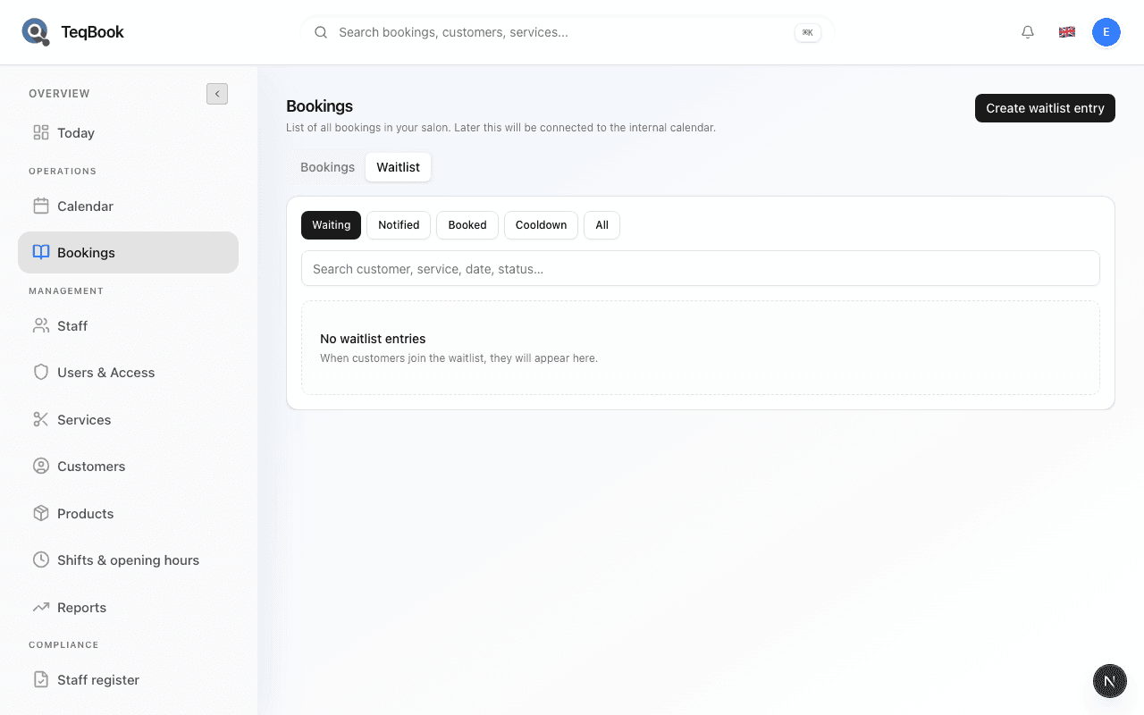 Bookings Waitlist tab