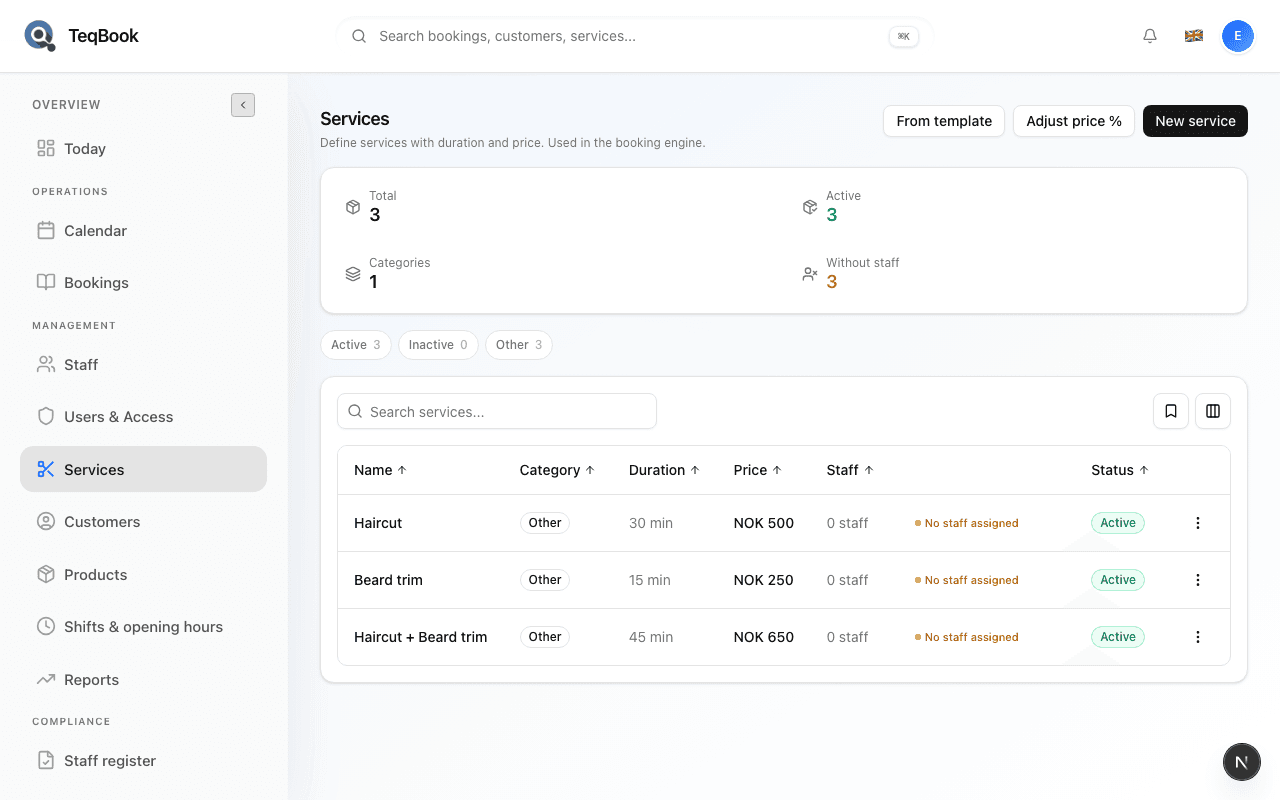 Services list in the dashboard