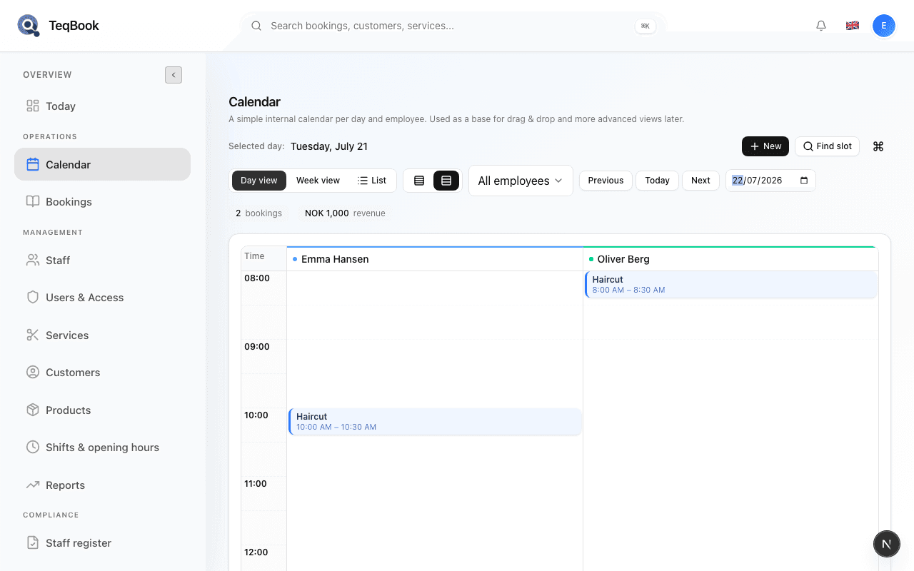 TeqBook Calendar page in the dashboard sidebar