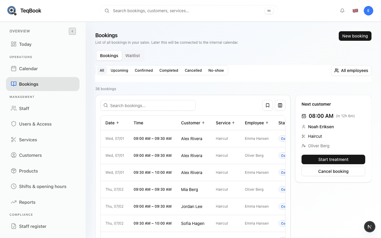 Bookings page with New booking action