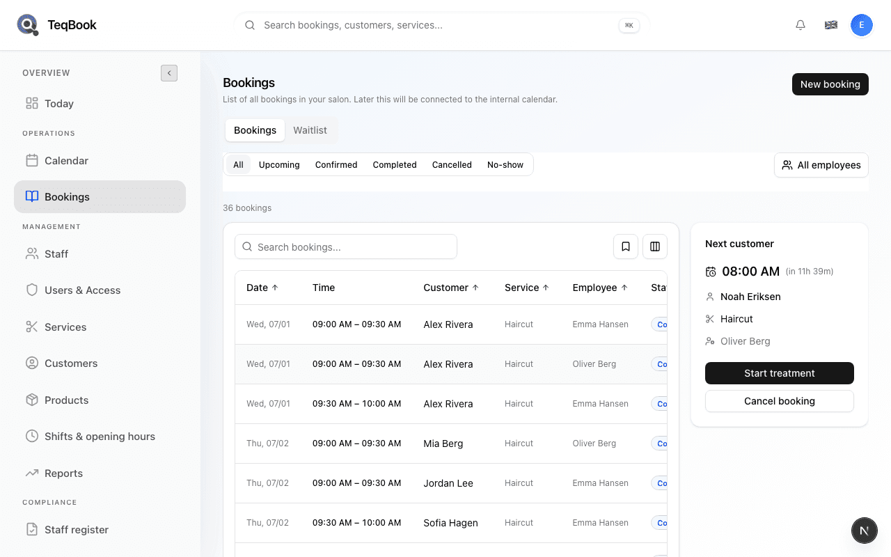 Bookings list with status chips and search