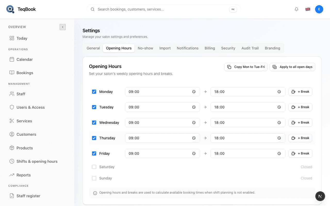 set closures and holiday hours screenshot