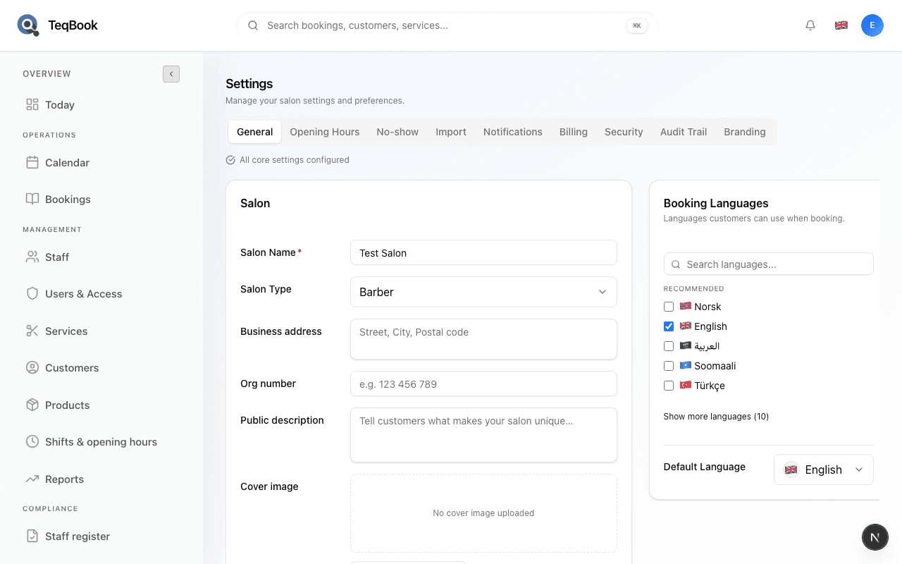 Settings General salon profile page