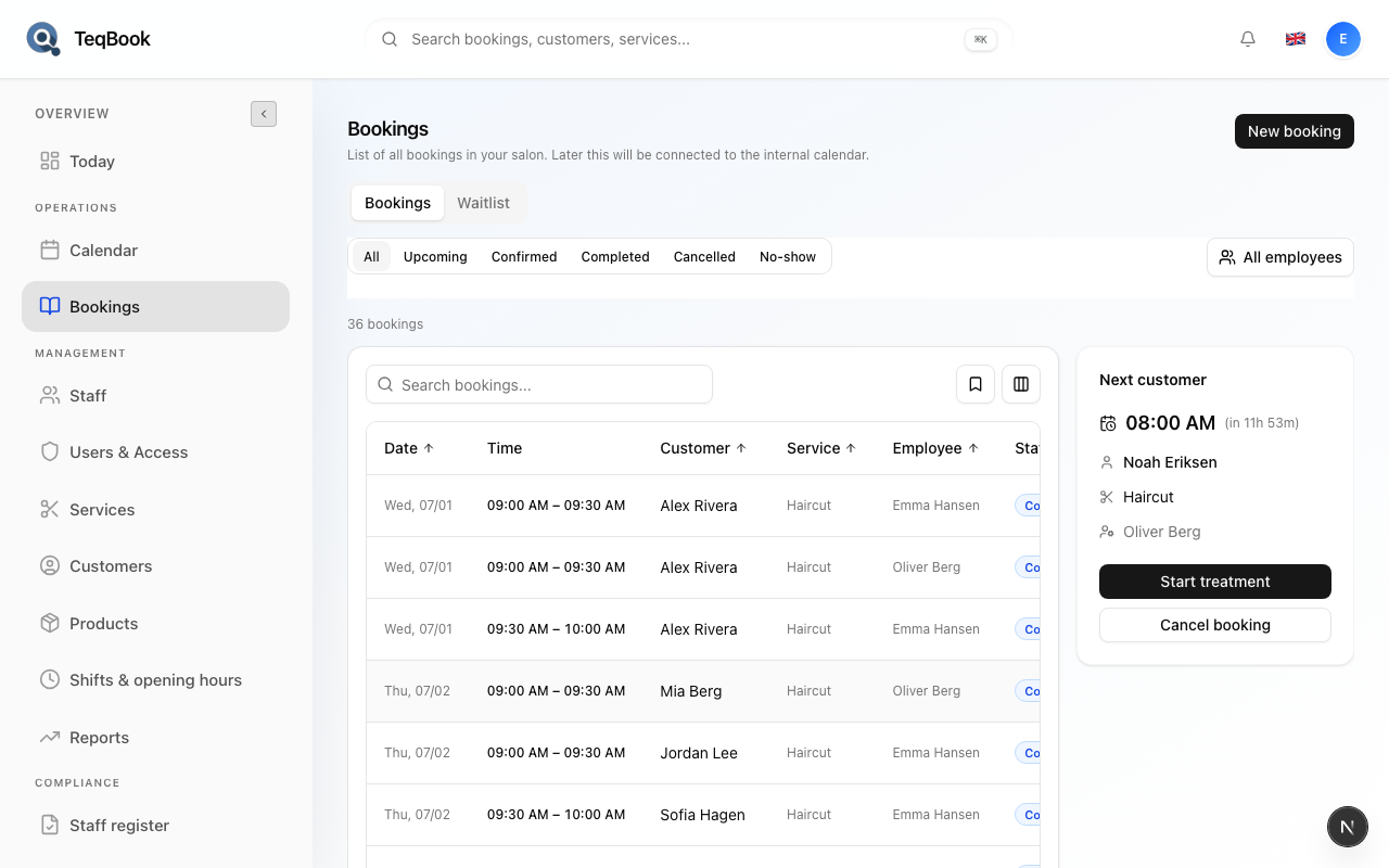Bookings list showing Notes column