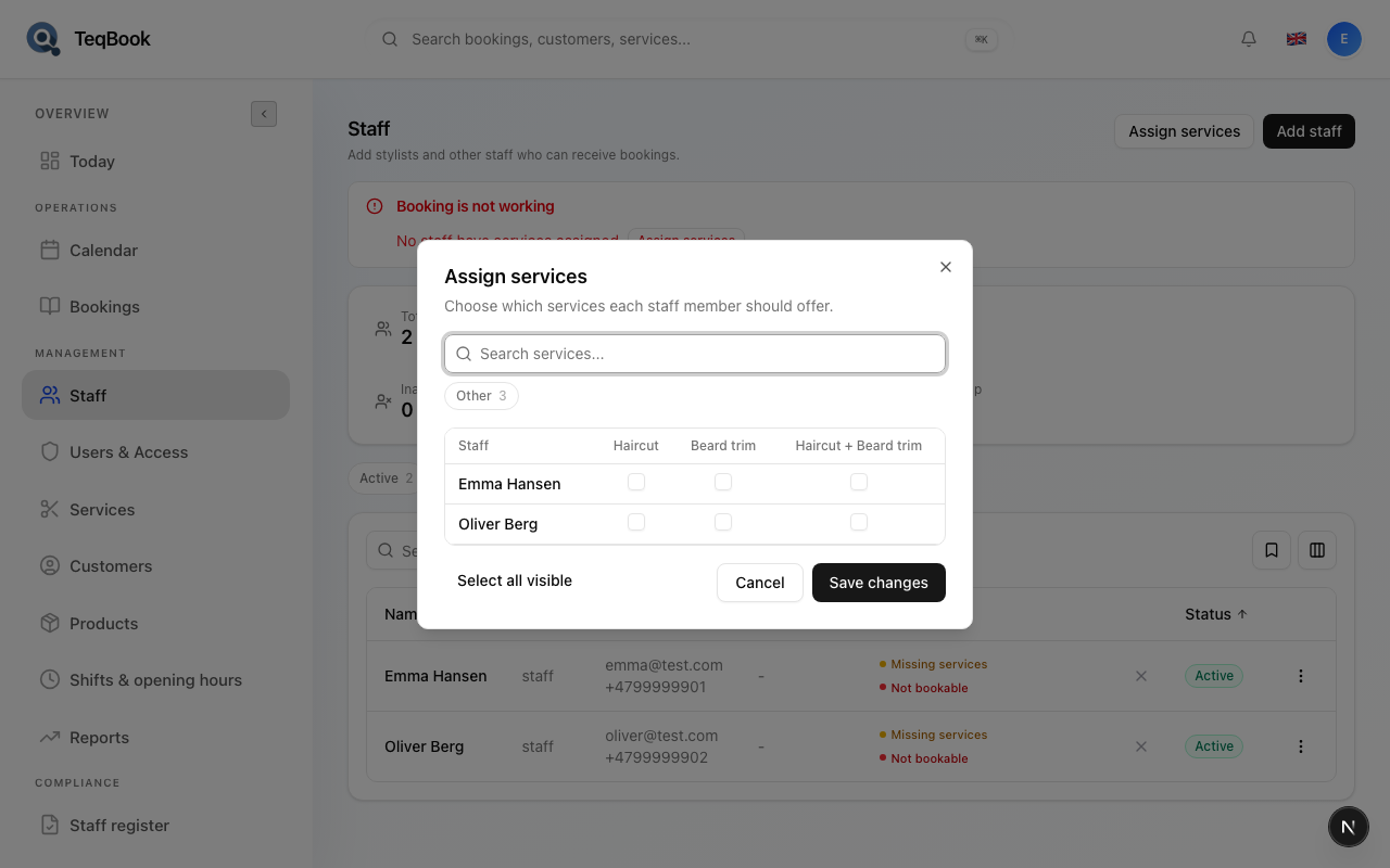 Services selected for a staff member