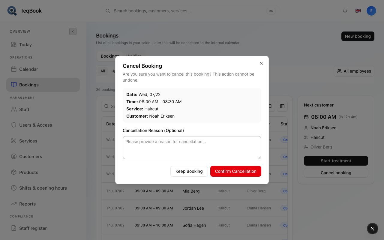 Cancel confirmation on Calendar Booking Details