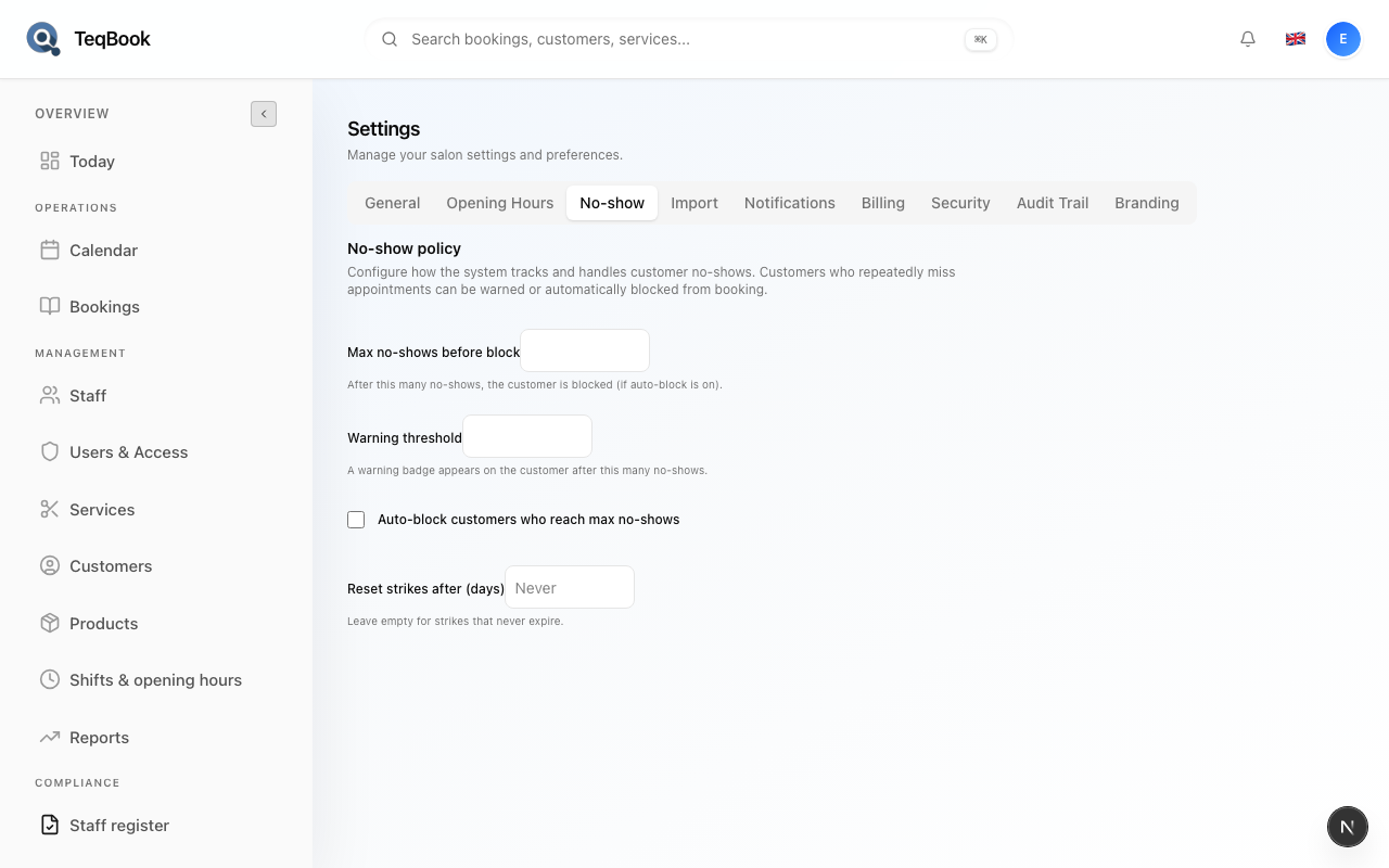 No-show policy settings page