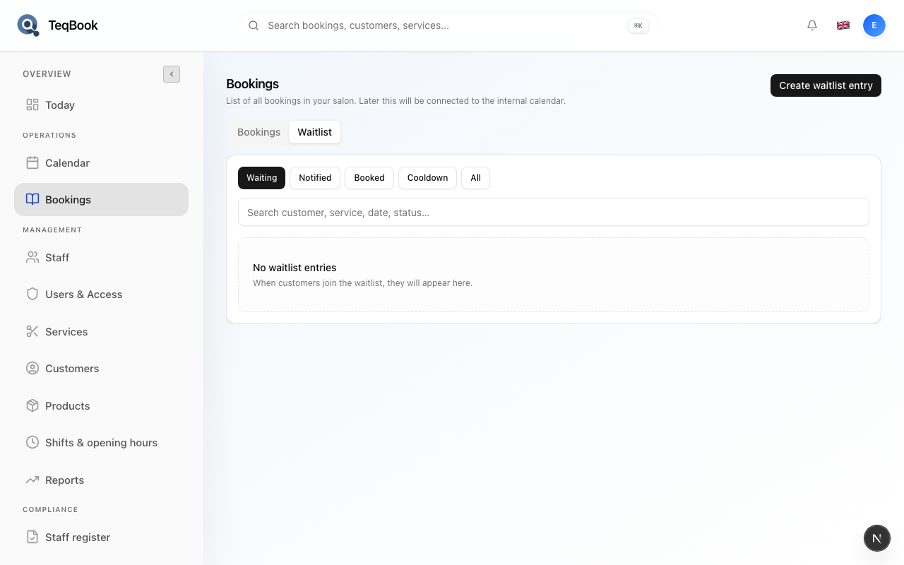 Bookings Waitlist tab