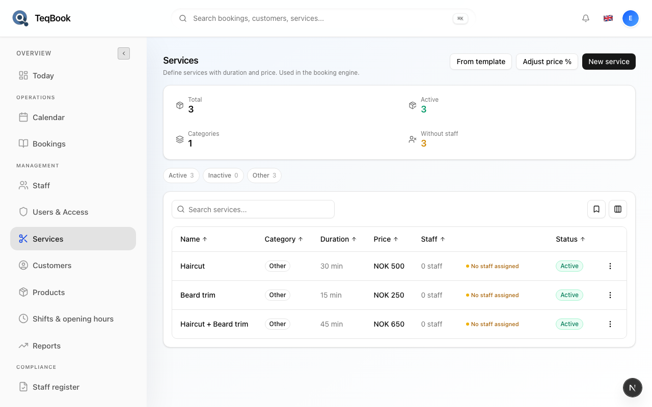 Services list in the dashboard