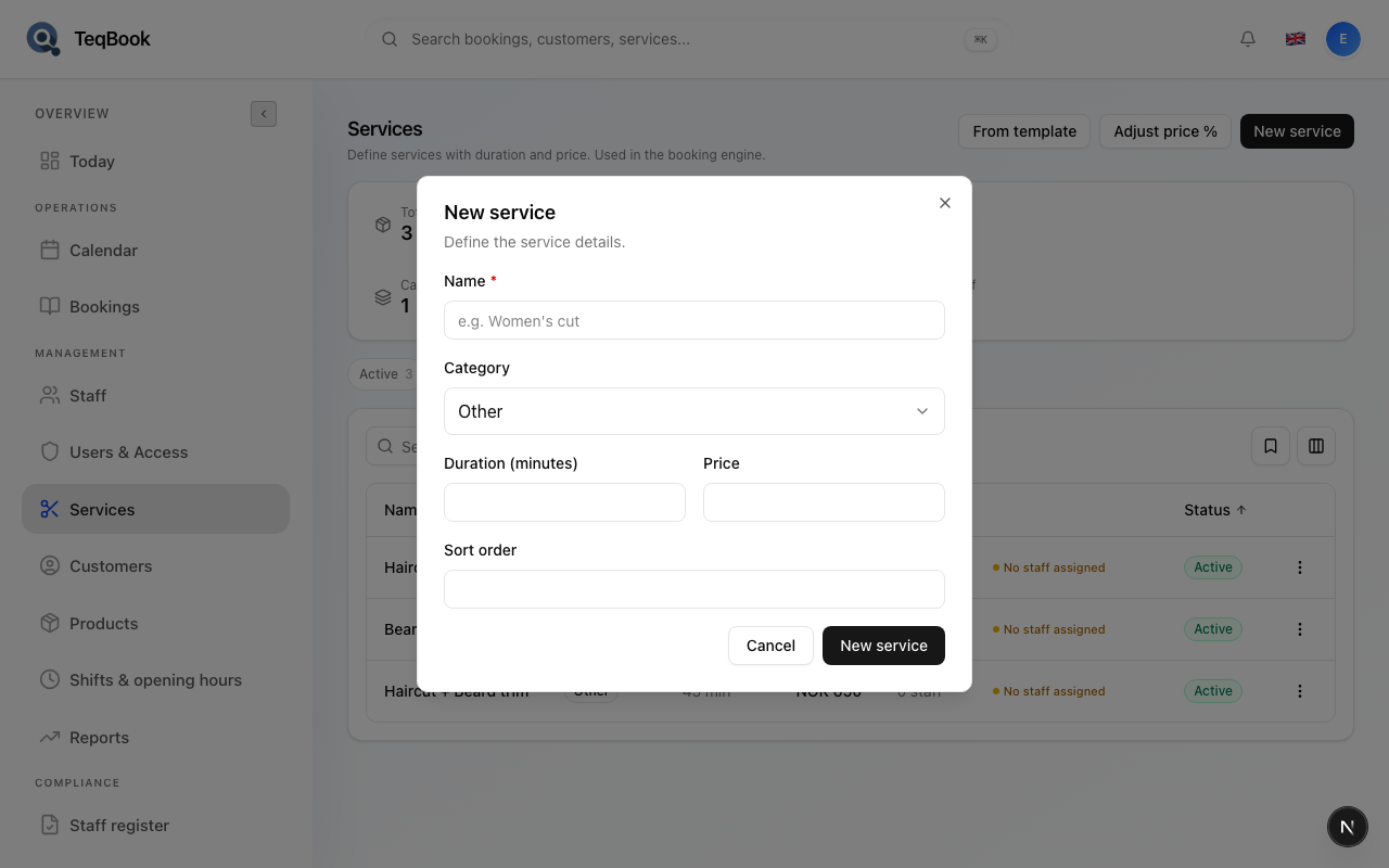 New service fields name duration price