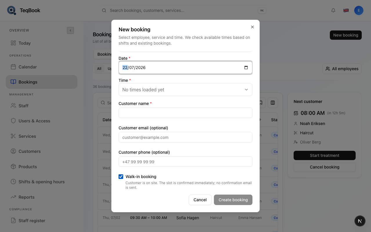 Walk-in booking form filled before create