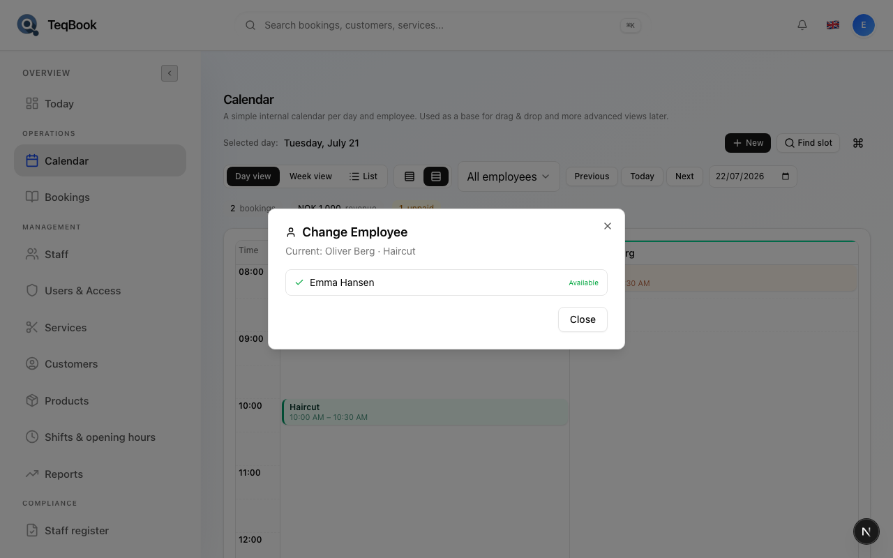 Change Employee dialog opened from Booking Details Actions