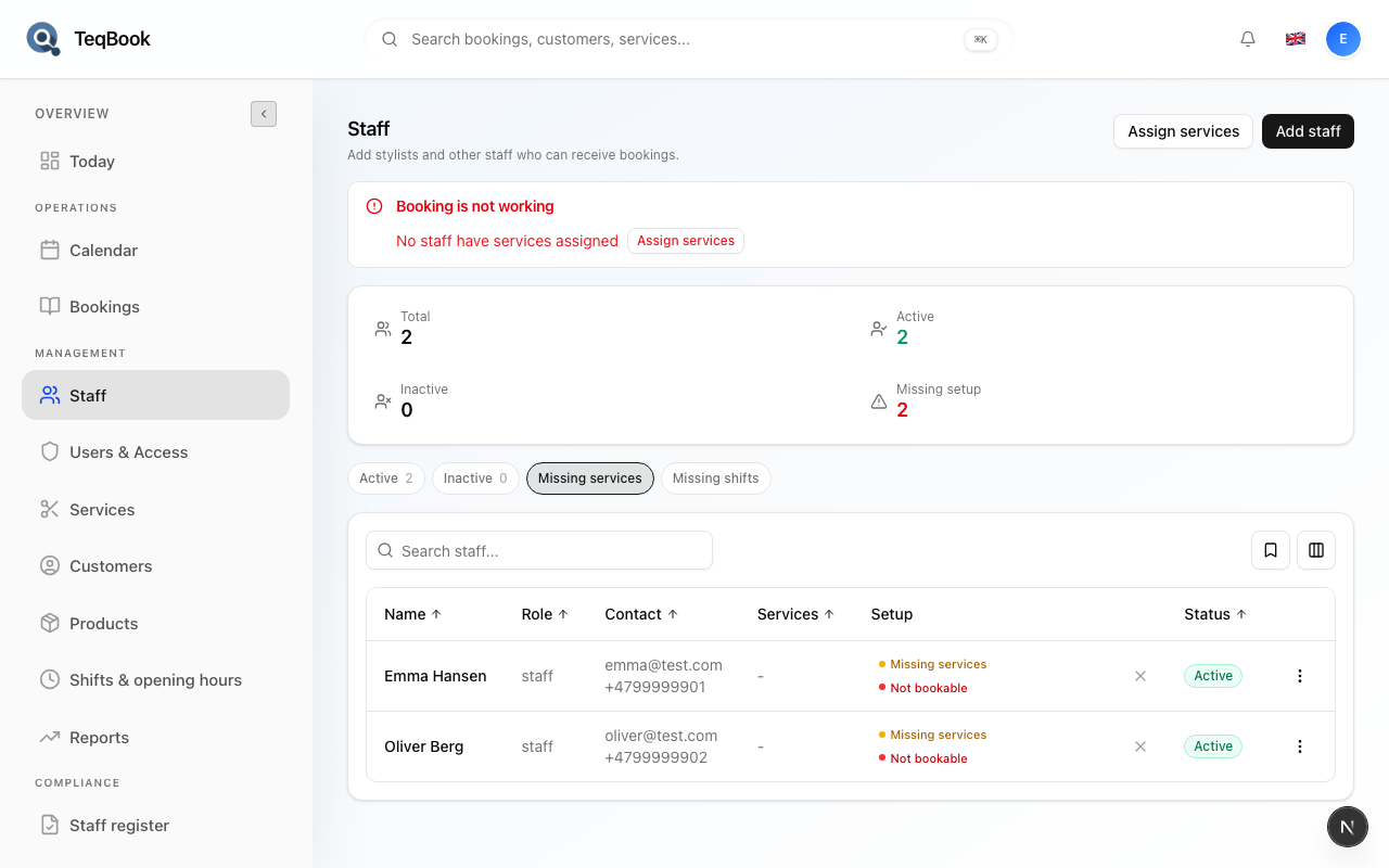 Active Inactive Missing services filter chips