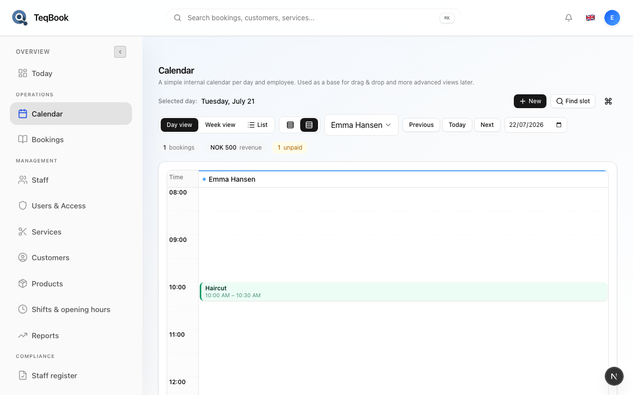 Calendar filtered to one staff member