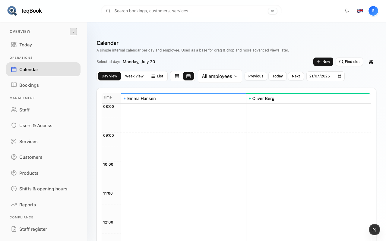 Calendar toolbar with Find slot