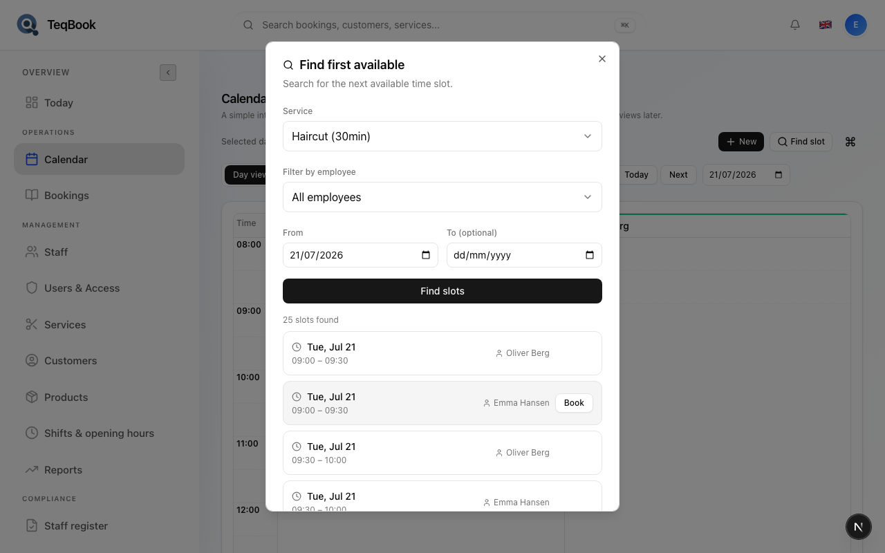 New booking opened from a Find slot result