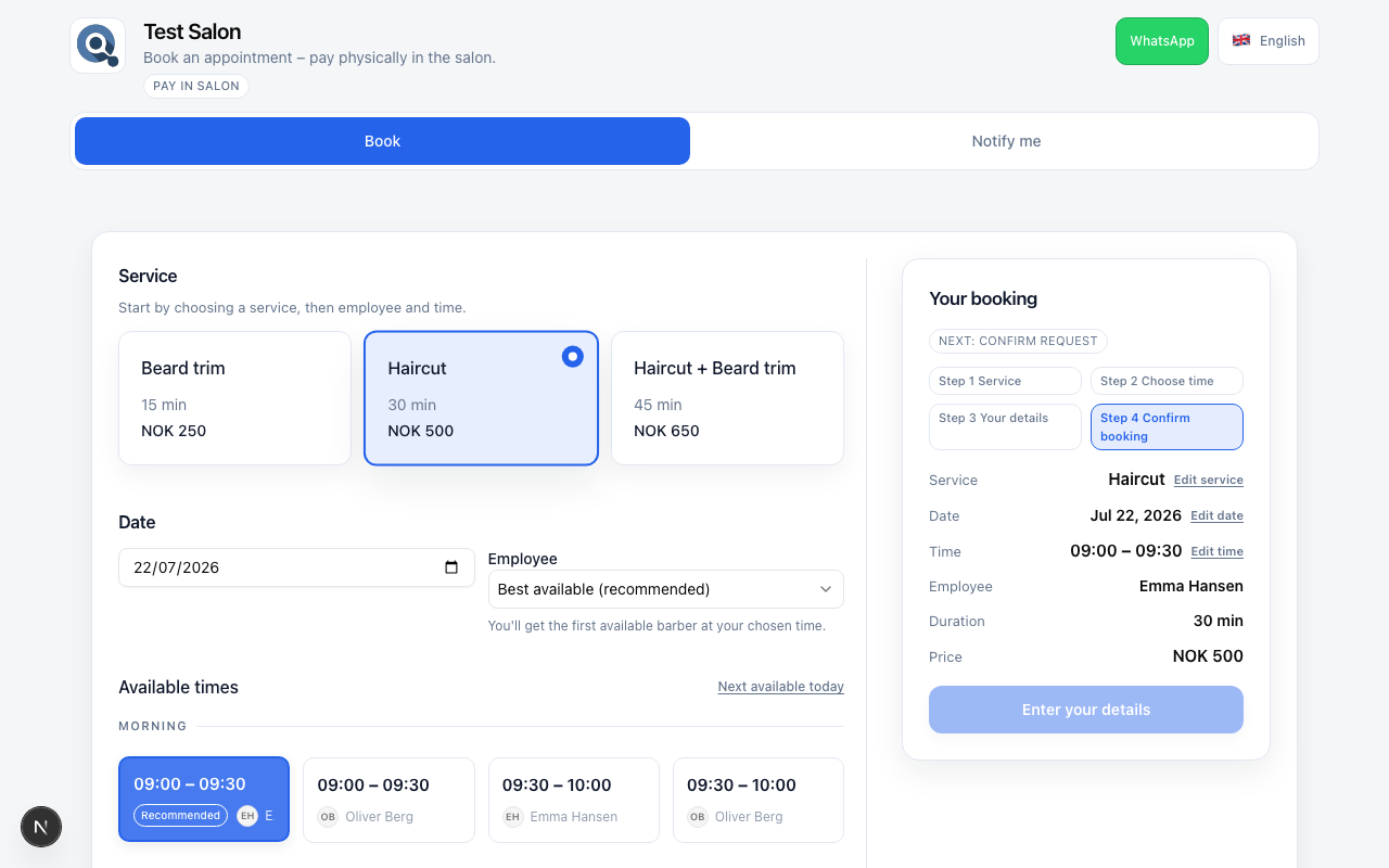 Confirm booking Pay in salon