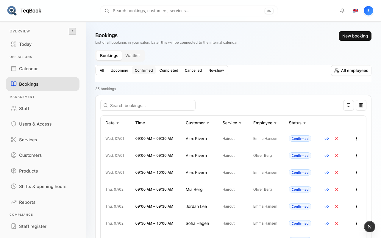 Bookings list with status filter chips
