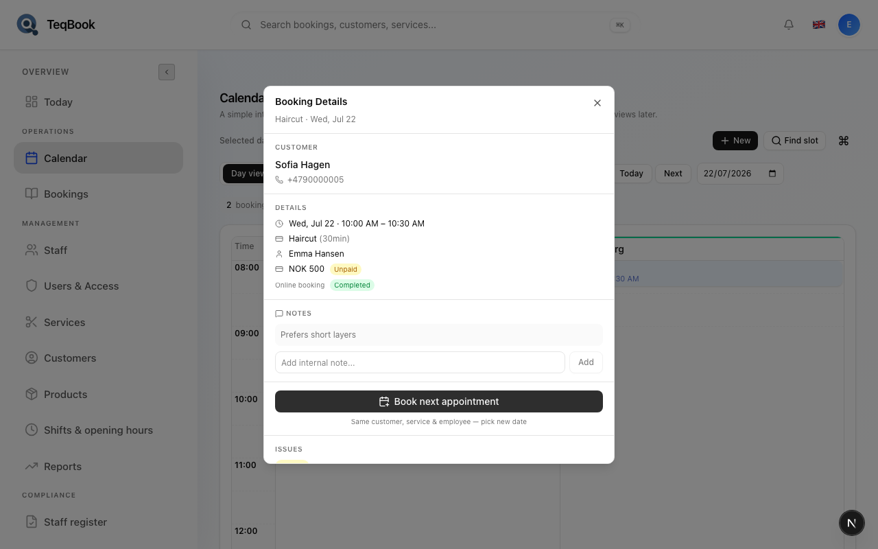 Book next appointment control on Booking Details