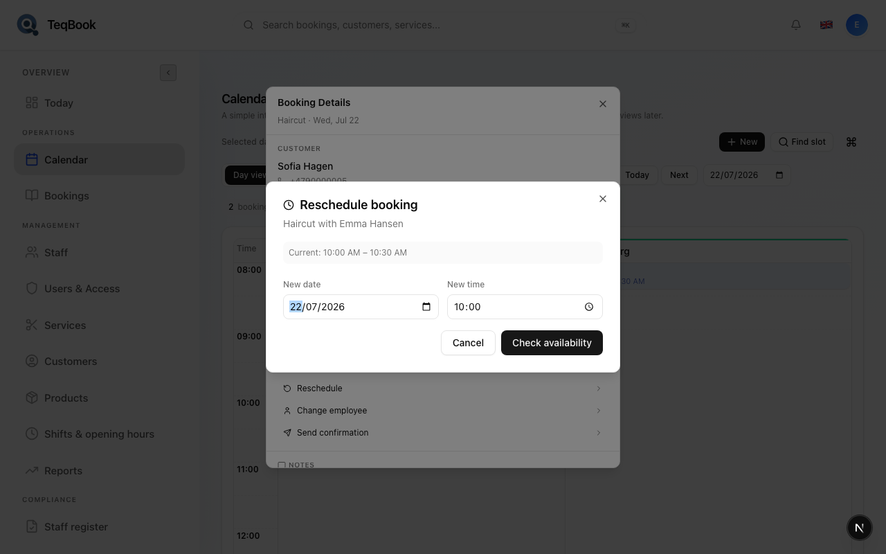Reschedule booking dialog
