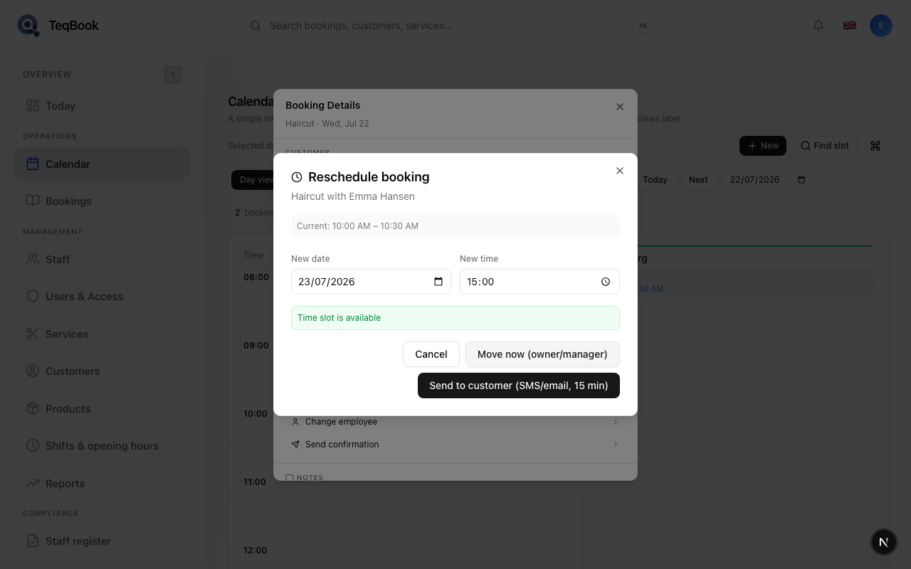Reschedule booking after checking availability