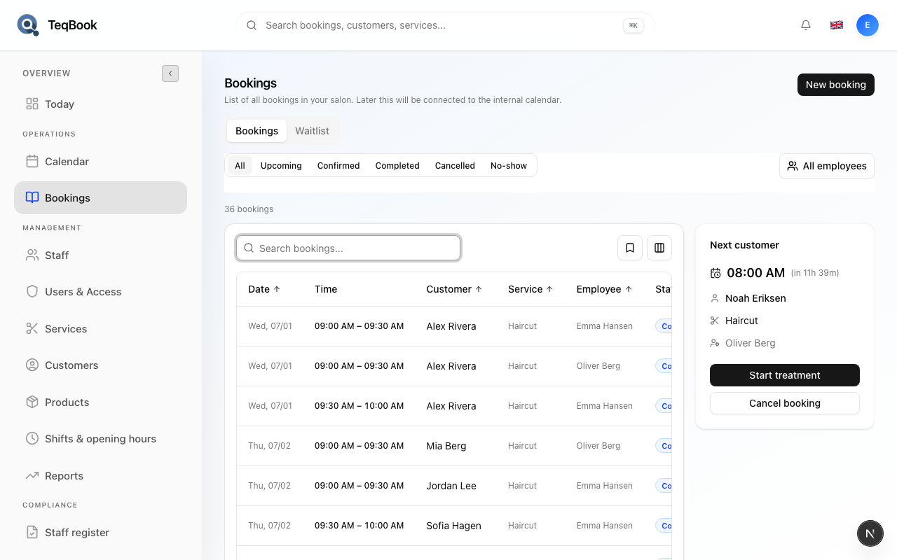 Bookings search filtered to a customer name