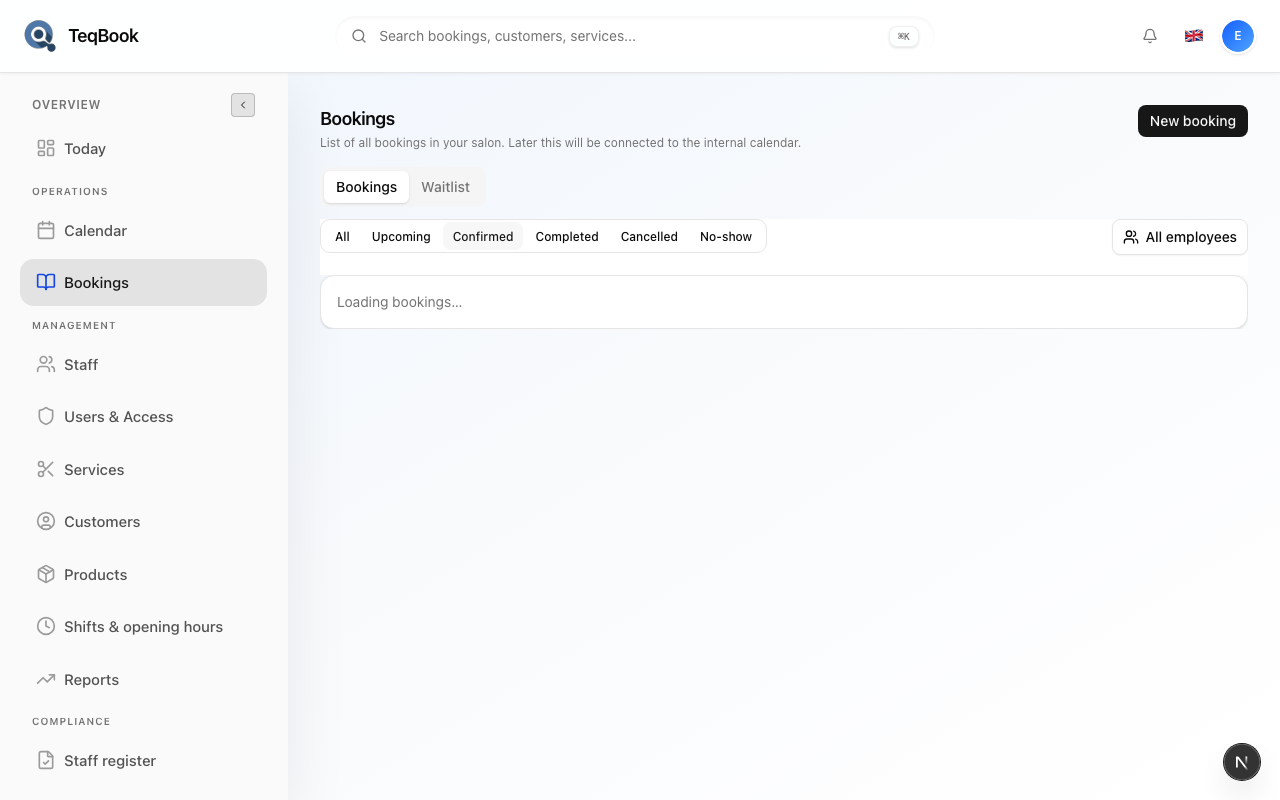 Bookings filtered with Confirmed status chip