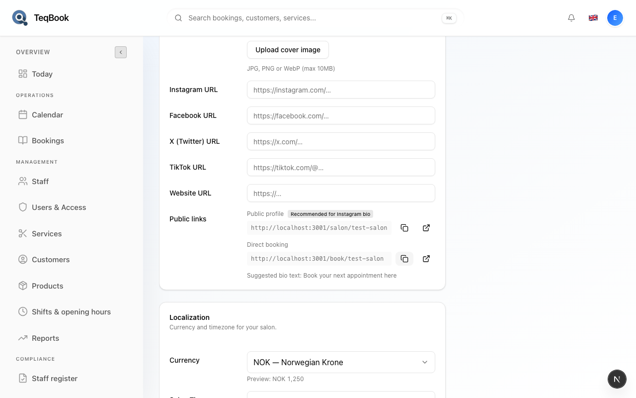 Booking URL field for test-salon