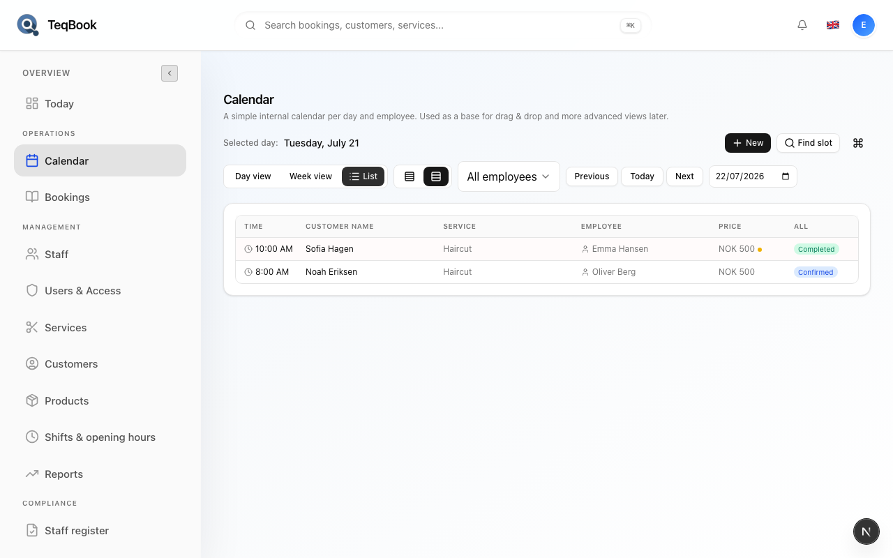 Calendar List view showing chronological bookings