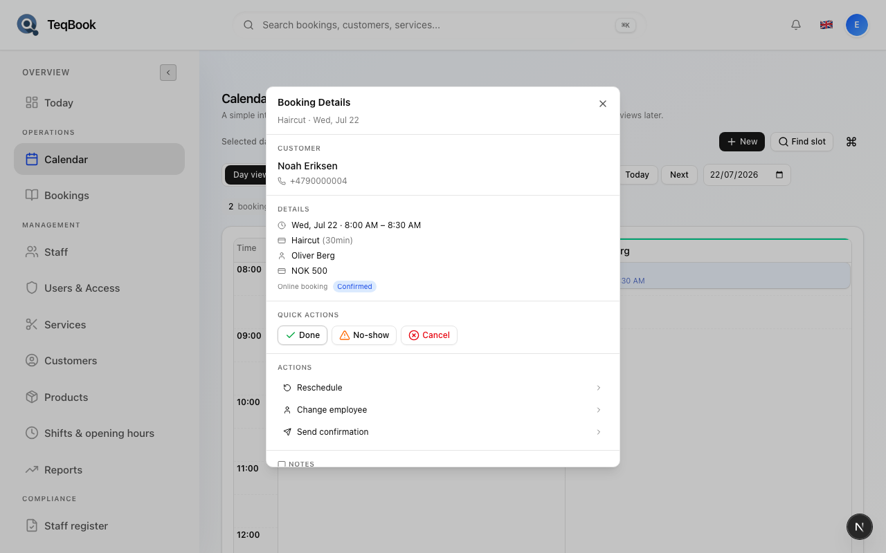 Booking Details dialog opened from Calendar
